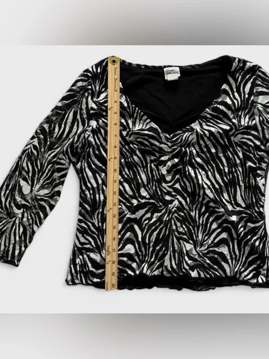 Y2K Giorgio Fiorlini Black & White Zebra Print 3/4 Sleeve Lace V Cut Blouse Top - Picture 4 of 6